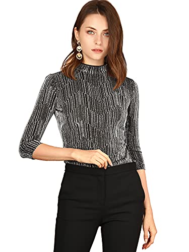 Allegra K Damen Bluse Langarm Stehkragen Metallic Glitzer Streifen Top Shirt Silber Schwarz M von Allegra K