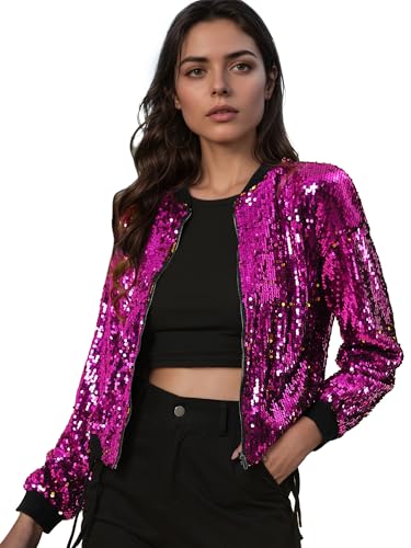 Allegra K Damen Glitzer Jacke Bomberjacke Pailletten Bomber Jacke Langarm Party Club Metallic Sequin Jacken Fuchsie L von Allegra K