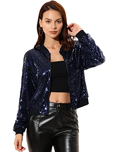 Allegra K Damen Bomberjacke Pailletten Jacke Langarm Party Club Metallic Glitzer Sequin Jacken Marine L von Allegra K