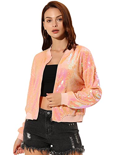 Allegra K Damen Bomberjacke Pailletten Jacke Langarm Party Club Metallic Glitzer Sequin Jacken Rosa L von Allegra K