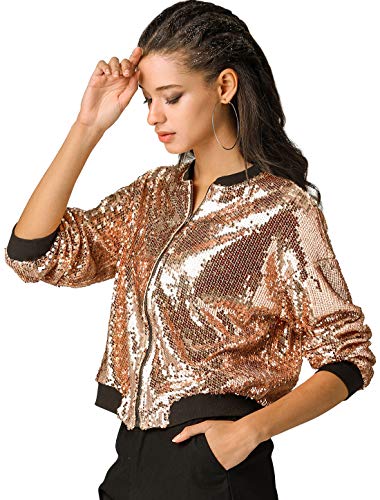 Allegra K Damen Bomberjacke Pailletten Jacke Langarm Party Club Metallic Glitzer Sequin Jacken Rose Gold M von Allegra K