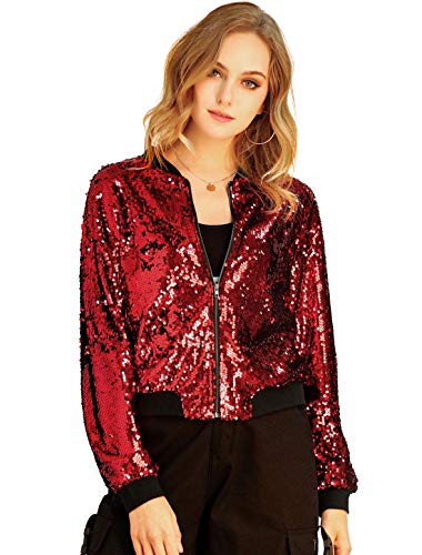 Allegra K Damen Glitzer Jacke Bomberjacke Pailletten Bomber Jacke Langarm Party Club Metallic Sequin Jacken Rot S von Allegra K