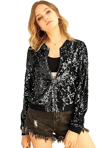 Allegra K Damen Glitzer Jacke Bomberjacke Pailletten Bomber Jacke Langarm Party Club Metallic Sequin Jacken Schwarz M von Allegra K