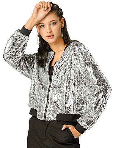 Allegra K Damen Pailletten Jacke Langarm Party Club Metallic Glitzer Sequin Bomberjacke Silber S von Allegra K