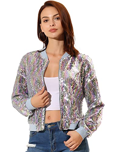 Allegra K Damen Glitzer Jacke Bomberjacke Pailletten Bomber Jacke Langarm Party Club Metallic Sequin Jacken Weißer Regenbogen M von Allegra K