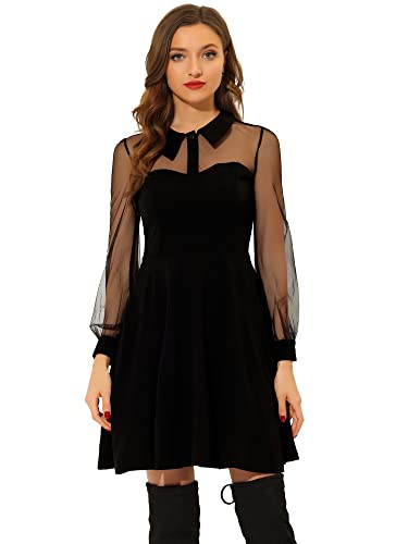 Allegra K Damen Langarm Stehkragen Retro Durchsichtig Mesh Laternenärmel Minikleid Kleid Schwarz M von Allegra K