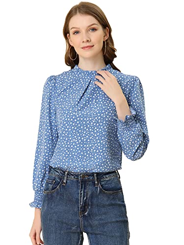 Allegra K Damen Langarm Stehkragen Rüschen Blumen Elegant Top Bluse Blau Grau-Herz M von Allegra K