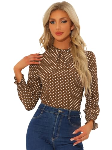 Allegra K Damen Langarm Stehkragen Rüschen Blumen Elegant Top Bluse Braun S von Allegra K