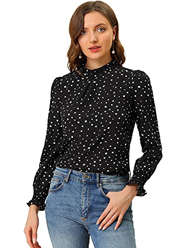 Allegra K Damen Langarm Stehkragen Rüschen Blumen Elegant Top Bluse Schwarze Punkte L von Allegra K
