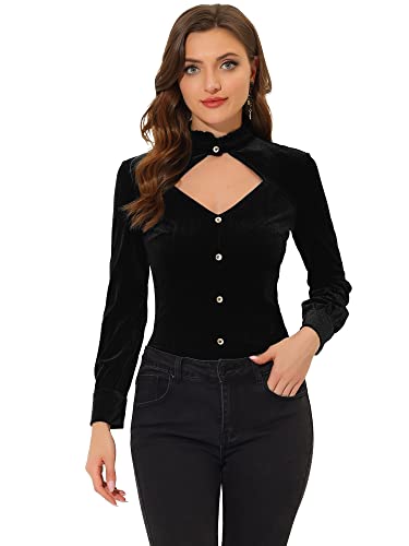 Allegra K Damen Langarm Stehkragen Rüschen Gothic Elegant Samt Hemd Top Bluse Schwarz XL von Allegra K