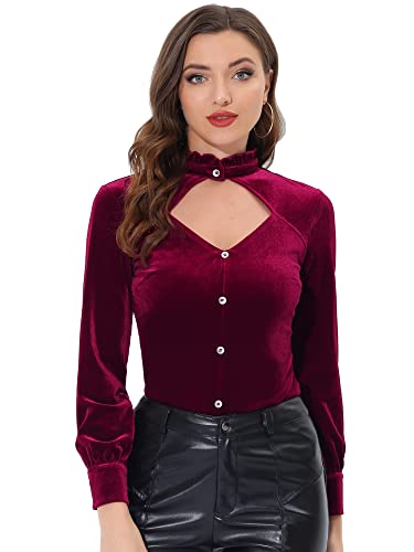 Allegra K Damen Langarm Stehkragen Rüschen Gothic Elegant Samt Hemd Top Bluse Weinrot S von Allegra K