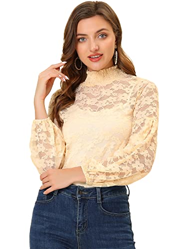 Allegra K Damen Spitze Spitzenbluse Langarm Stehkragen Rüschen Blumen Top Bluse Helles Apricot XL von Allegra K