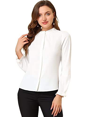Allegra K Damen Stehkragen Bluse Langarm Chiffon Oberteil Weiß L von Allegra K