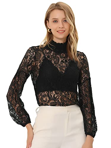 Allegra K Damen Spitze Spitzenbluse Langarm Stehkragen Rüschen Blumen Top Bluse Schwarz M von Allegra K
