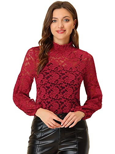 Allegra K Damen Spitze Spitzenbluse Langarm Stehkragen Rüschen Blumen Top Bluse Weinrot XS von Allegra K