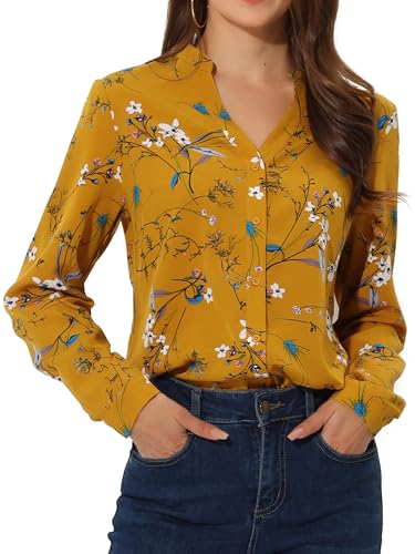 Allegra K Damen Langarm Stehkragen V Neck Blumen Shirt Bluse Gelb M von Allegra K