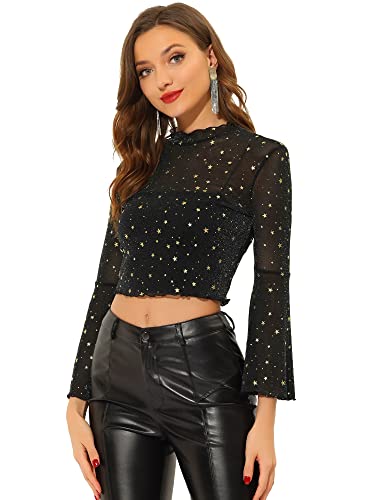 Allegra K Damen Weihnachten Glitter Top Langarm Volant Ärmel Stern Durchsichtig Mesh Oberteil Party Crop Top Schwarz M von Allegra K