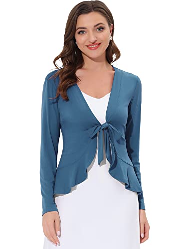 Allegra K Damen Langarm Strickjacke Crop Shrug Volant Krawatte Offen Elegantes Cardigan Navy blau XS von Allegra K