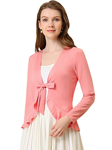 Allegra K Damen Langarm Strickjacke Crop Shrug Volant Krawatte Offen Elegantes Cardigan Orange-Rosa M von Allegra K