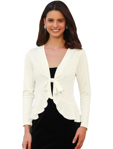 Allegra K Damen Langarm Strickjacke Crop Shrug Volant Krawatte Offen Elegantes Cardigan Weiß XL von Allegra K
