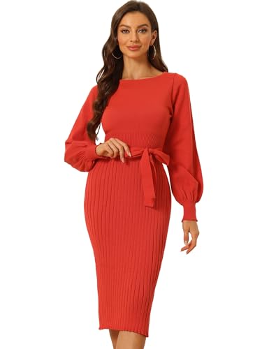 Allegra K Damen Langarm Strickkleid Rundhalsausschnitt Lässig Plissiert Laternenärmel Pulloverkleider Orange Rot XS von Allegra K