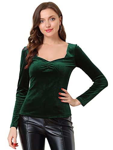 Allegra K Damen Oberteil Langarm Sweetheart Neck Samt Plissee Front Retro Shirt Bluse Dunkelgrün L von Allegra K