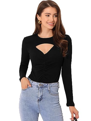 Allegra K Damen Langarm Top Sexy Cut Out Rundhals Rüschen Stretch T-Shirt Oberteil Schwarz S von Allegra K