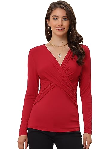 Allegra K Damen Langarm Top V-Ausschnitt Lässig Überkreuzt Vorderseit T-Shirts Bluse rot M von Allegra K