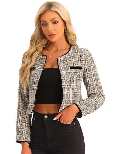 Allegra K Damen Langarm Tweed Jacke Lässig Rundhalsausschnitt Knopfverschluss vorne Jacken Aprikose XS von Allegra K