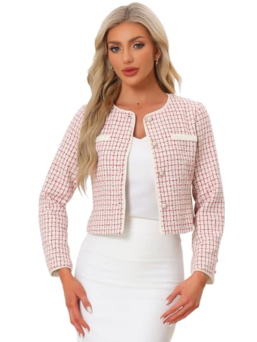Allegra K Damen Langarm Tweed Jacke Lässig Rundhalsausschnitt Knopfverschluss vorne Jacken Rot Weiss M von Allegra K