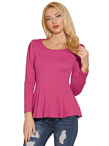 Allegra K Damen Langarm U-Boot Ausschnitt Einfarbig Oberteil Shirt Peplum Basic Top Bluse Magenta XS von Allegra K