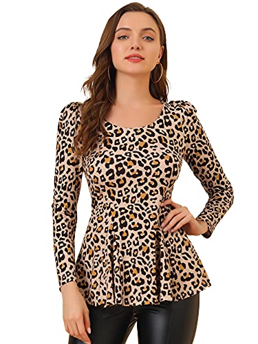 Allegra K Damen Volant Oberteil U-Boot Ausschnitt Rüschensaum Basic Top Bluse Langarmshirts Rosa-Leopard XL von Allegra K