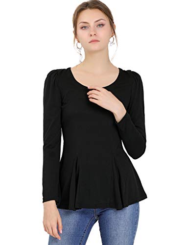 Allegra K Damen Langarm U-Boot Ausschnitt Einfarbig Oberteil Shirt Peplum Basic Top Bluse Schwarz L von Allegra K