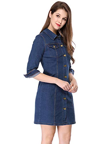 Allegra K Damen Jeanskleid Langarm Stehkragen Knopfleiste Knielang Brusttasche Minikleid Kleid Blau XL von Allegra K