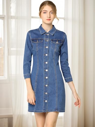 Allegra K Damen Jeanskleid Langarm Stehkragen Knopfleiste Knielang Brusttasche Minikleid Kleid Hellblau XL von Allegra K