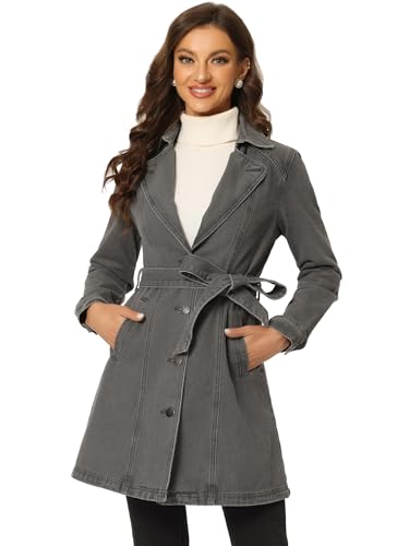 Allegra K Damen Langarm Umlegekragen Button Bindegürtel Jeans Trenchcoat Mantel Grau L von Allegra K