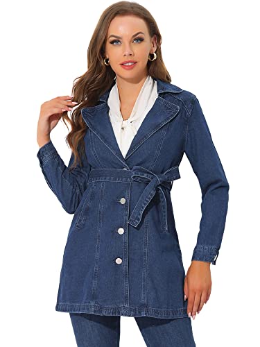 Allegra K Damen Langarm Umlegekragen Button Bindegürtel Jeans Trenchcoat Mantel Jeansblau XS von Allegra K