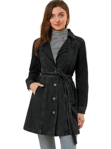 Allegra K Damen Langarm Umlegekragen Button Bindegürtel Jeans Trenchcoat Mantel Schwarz S von Allegra K