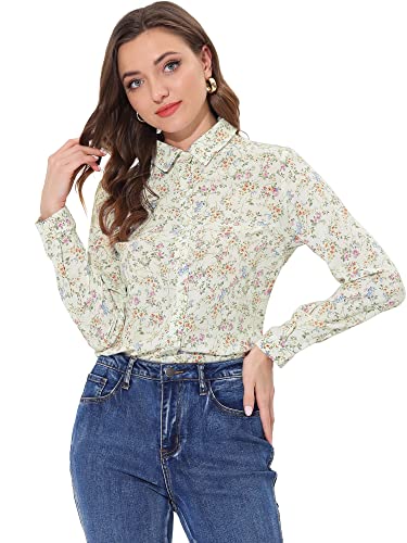 Allegra K Damen Hemd Langarm Umlegekragen Button Blumen Shirt Top Bluse Beige-Rosa S von Allegra K