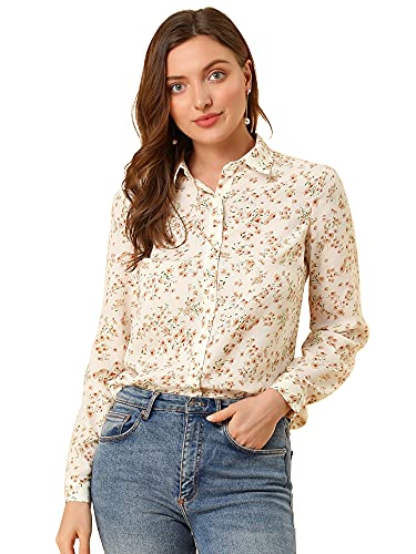 Allegra K Damen Hemd Langarm Umlegekragen Button Blumen Shirt Top Bluse Weiß S von Allegra K