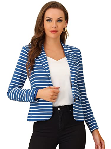 Allegra K Damen Langarm Umlegekragen Button Streifen Blazer Jacke Blau Weiß XS von Allegra K