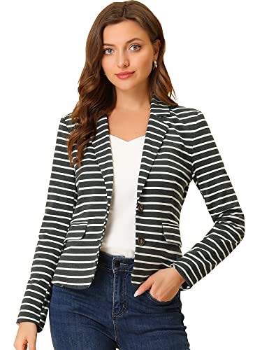 Allegra K Damen Langarm Umlegekragen Button Streifen Blazer Jacke Grau Weiß M von Allegra K