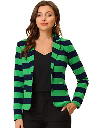 Allegra K Damen Langarm Umlegekragen Button Streifen Blazer Jacke Grün Blau M von Allegra K