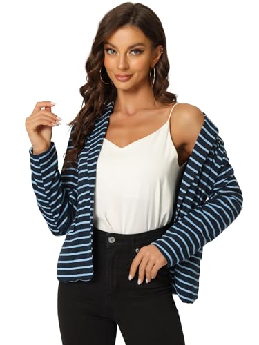 Allegra K Damen Langarm Umlegekragen Button Streifen Blazer Jacke Marine Grau Blau M von Allegra K