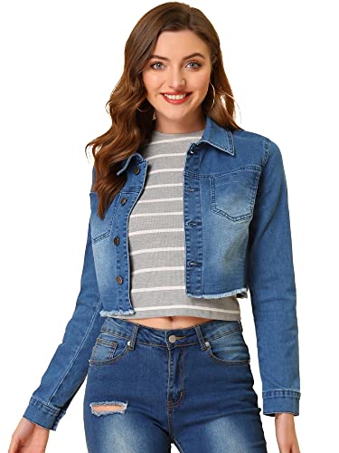 Allegra K Damen Langarm Denim Jacken Button Up Washed Umlegekragen Cropped Jeansjacke Dunkelblau M von Allegra K