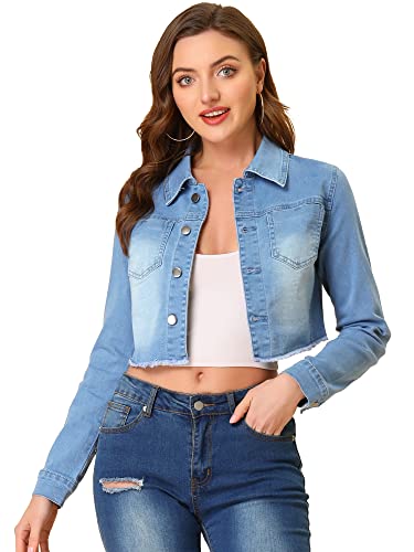 Allegra K Damen Langarm Denim Jacken Button Up Washed Umlegekragen Cropped Jeansjacke Grau Blau S von Allegra K