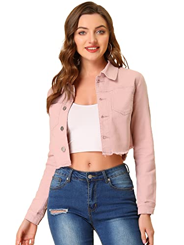 Allegra K Damen Langarm Denim Jacken Button Up Washed Umlegekragen Cropped Jeansjacke Rosa M von Allegra K