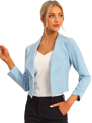 Allegra K Damen Langarm Umlegekragen Geraffte Ärmel Blazer Offen Crop Jacke Hellblau XL von Allegra K