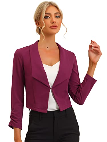 Allegra K Damen Langarm Umlegekragen Geraffte Ärmel Blazer Offen Crop Jacke Lila Beere S von Allegra K