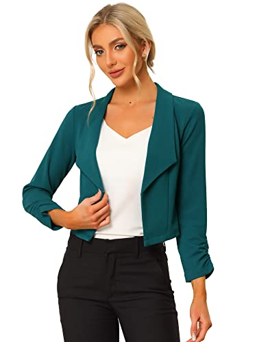 Allegra K Damen Langarm Umlegekragen Geraffte Ärmel Blazer Offen Crop Jacke Pfauenblau M von Allegra K